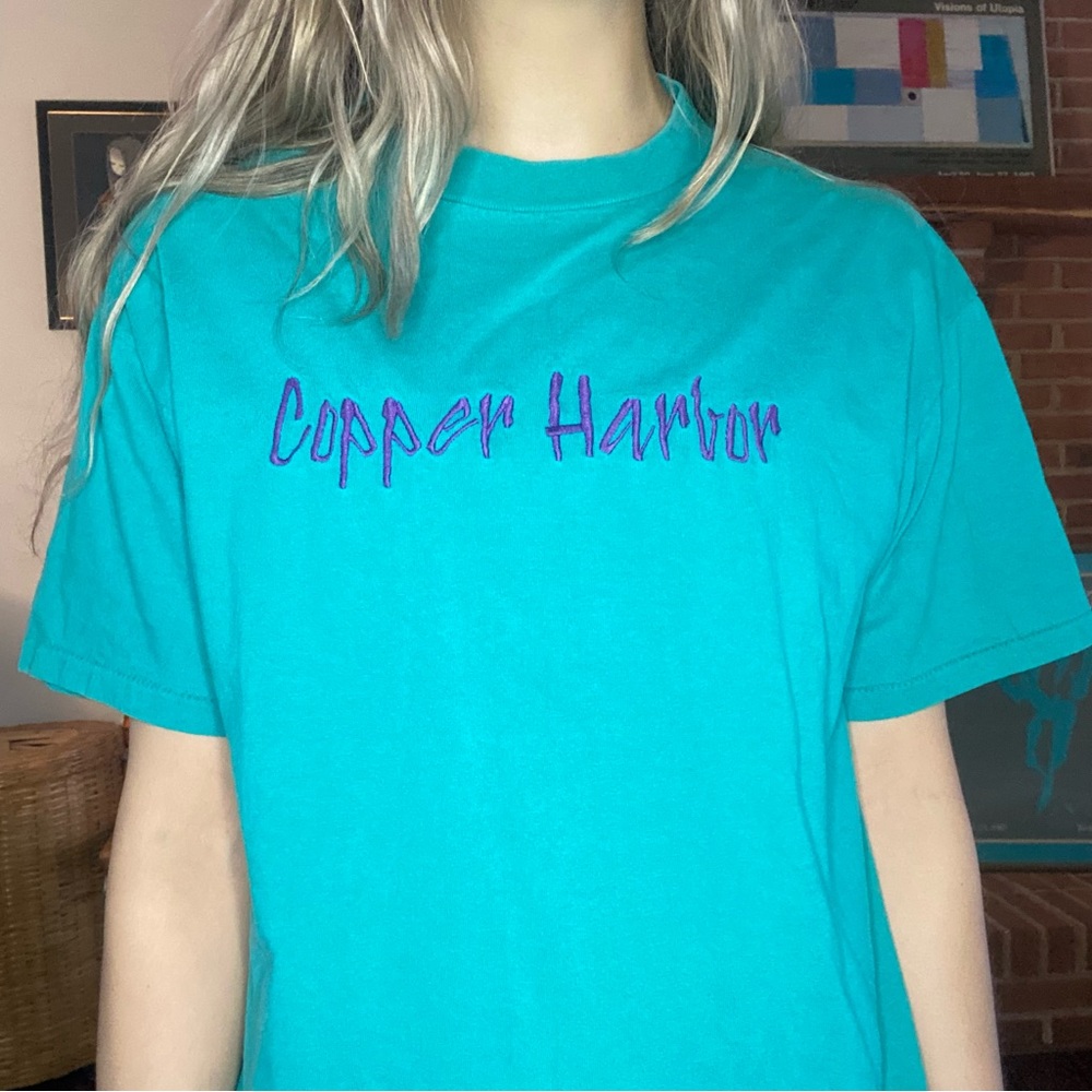Vintage 90s Copper Harbor Michigan Embroidered Bee Patch Teal Single Sti…